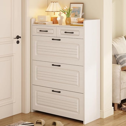 Shoe Storage Cabinet with 3 Large Flip Drawer and 2 Top Drawers, Slim Shoes Cabinets Storages Entryway, Narrow Shoe Organizer with Adjustable Divider for Hallway