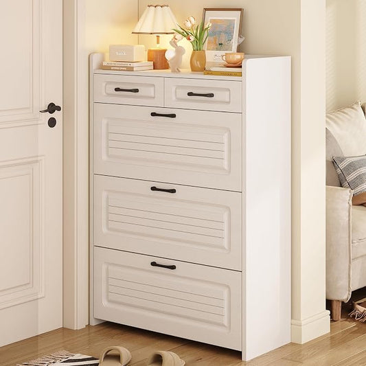 Shoe Storage Cabinet with 3 Large Flip Drawer and 2 Top Drawers, Slim Shoes Cabinets Storages Entryway, Narrow Shoe Organizer with Adjustable Divider for Hallway