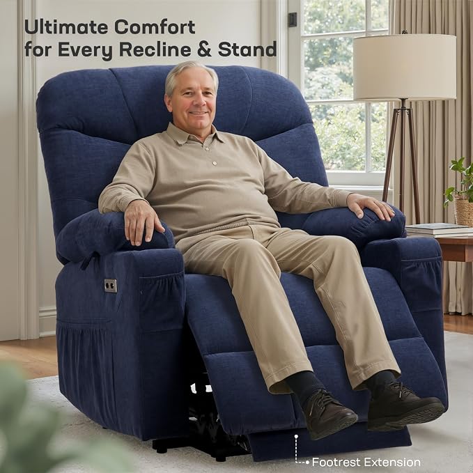 Tami Tami Dual Motor Power Lift Chair Recliner for Elderly with Massage and Heat, Infinite Position Electric Lift Recliner with USB A&C, Cup Holders (T6012 - Chenille Fabric, Blue, Oversized)