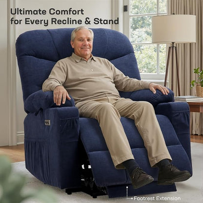 Tami Tami Dual Motor Power Lift Chair Recliner for Elderly with Massage and Heat, Infinite Position Electric Lift Recliner with USB A&C, Cup Holders (T6012 - Chenille Fabric, Blue, Oversized)