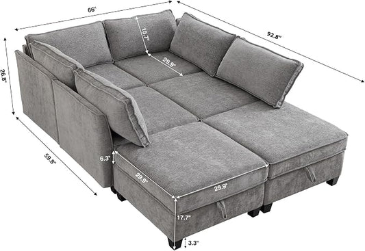 ORRD Sleeper Modular Sectional Sofa Set, Convertible Couch Bed with Storage, 6 Seater and 4 Armrestes Sofa Modular for Living Room, Office (Grey)