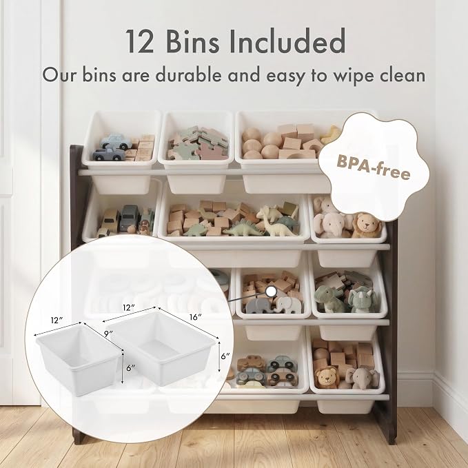 Humble Crew Toy Storage Organizer with 12 Removable Storage Bins for Kids Playroom, 4-Tier Toddler Toy Organization, Espresso/White