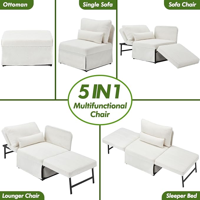 ZZW Sleeper Chair Bed Upgrade 4-in-1 to 5-in-1 Convertible Multi-fuction Sofa Chair w/Adjustable Backrest Assembly-Free Linen Folding Sofa Ottoman Bed for Living Room Apartment (Wool White)