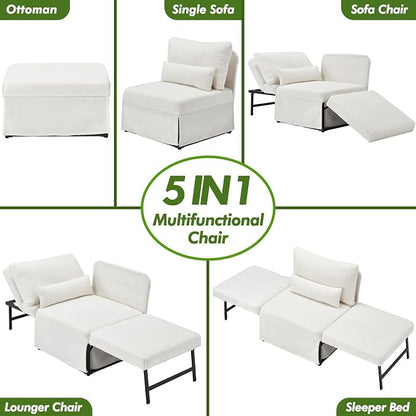 ZZW Sleeper Chair Bed Upgrade 4-in-1 to 5-in-1 Convertible Multi-fuction Sofa Chair w/Adjustable Backrest Assembly-Free Linen Folding Sofa Ottoman Bed for Living Room Apartment (Wool White)