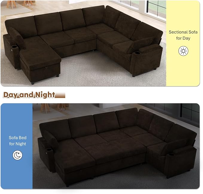 110" Chenille Sectional Sofa w/Pull Out Bed & Storage Chaise, Brown | Reversible U Shape Sofa w/Storage Armrests & Cup Holders, Corner Couch w/USB Charging Port & Throw Pillows for Living Room