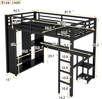 Bellemave Twin XL Loft Bed with Desk, Wardrobe, Metal Twin XL Loft Bed Frame for Adults, Kids, Teens, Black