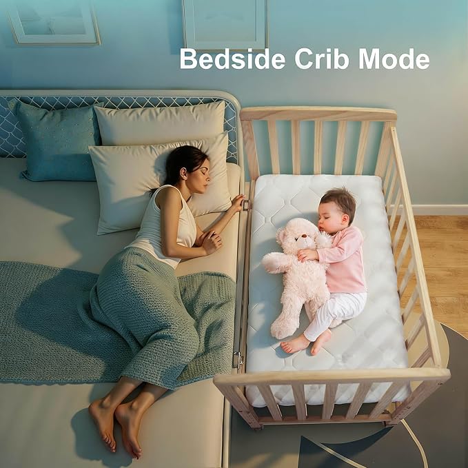 Flwrgirl Mini Baby Crib with Mattress,Portable Bedside Bassinet Sleeper,6 Adjustable Heights,Wood Nursery Crib with Locking Wheels,Compact Baby Bed for Newborns Infants,Unpainted