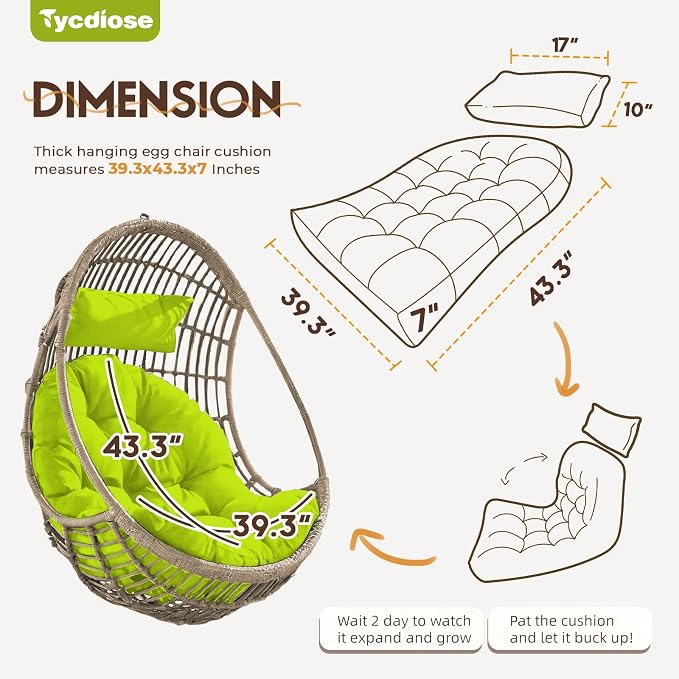 Outdoor Hanging Egg Chair Cushion Replacement, Extra Large Waterproof Egg Swing Cushions with Headrest Pillow and Ties, U-Shaped Thickened Cushion for Hanging Eggs Chair (Light Green)