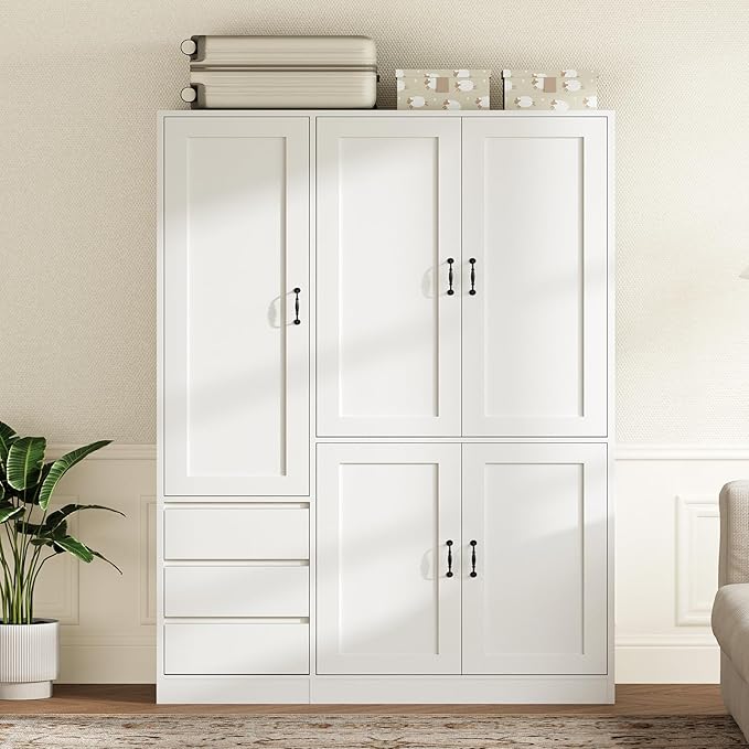 RALGEND Armoire Wardrobe Closet Set of 2, with 3 Drawers and 5 Doors, Wardrobe Cabinet for Bedroom, 70.9" Bedroom Armoire with Hanging Rod, Large Capacity Storage Wardrobe Armoire, White