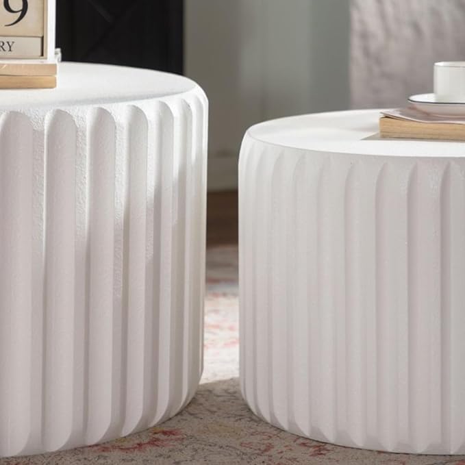 White Round Nesting Coffee Table Set of 2, Drum Side Table, Scalloped End Table witth Elegant Curved-Edge Shape, Circle Wooden Center Table for Living Room, Fully Assembled