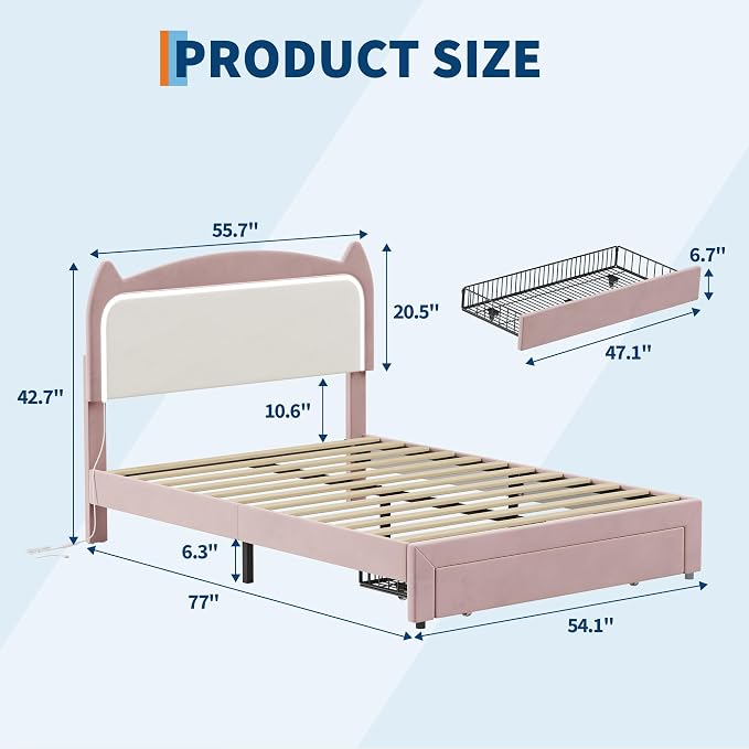 Garvee Full Upholstered LED Bed Frame with Storage Drawer & Cute Cat Headboard, Velvet Princess Platform Bed Frame with Sturdy Wood Slats Support for Girls/Kids, No Box Spring Needed, Pink