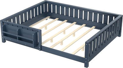 Bellemave Queen Size Montessori Floor Bed with Slats and Fence, Queen Size Montessori Bed with Rails and Bookcase, Easy Assemble Floor Beds Frame,Blue
