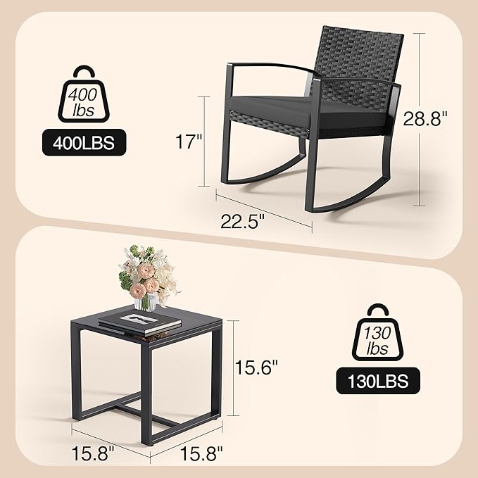 Qsun 3 Pieces Patio Furniture Set Rocking Bistro Set, Outdoor Patio Furniture Set with Coffee Table for Garden Balcony Backyard Poolside (Black Cushion)