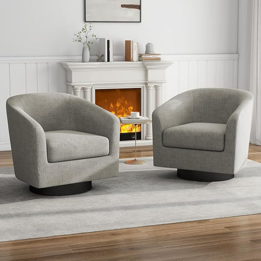 Swivel Accent Chairs Set of 2, Fabric Barrel Club Chair Upholstered Armchair for Living Room, Round Arm Chair Bedroom Single Sofa Reading Seat - Khaki