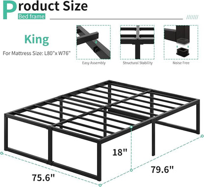 Lutown-Teen 18 Inch King Bed Frame Sturdy Mattress Foundation, Heavy Duty Metal Platform with Steel Slats Support No Box Spring Needed, Noise Free, Easy Assembly, Black