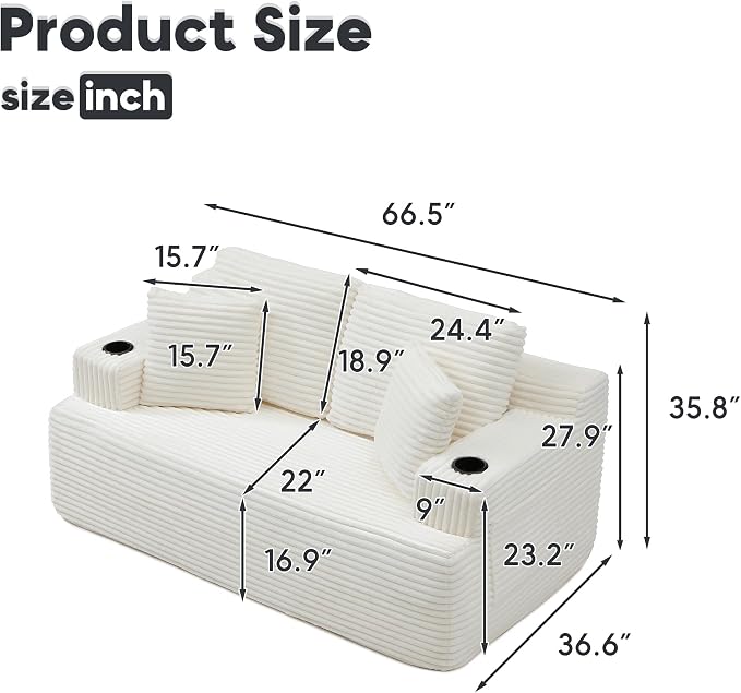 66.5'' Boneless Sofa Couch with Cup Holders & Side Pockets, Modern Corduroy Fabric Upholstered Loveseat Couch with 2 Throw Pillows for Living Room Office, No Assembly (Beige)