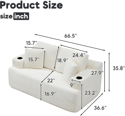 66.5'' Boneless Sofa Couch with Cup Holders & Side Pockets, Modern Corduroy Fabric Upholstered Loveseat Couch with 2 Throw Pillows for Living Room Office, No Assembly (Beige)