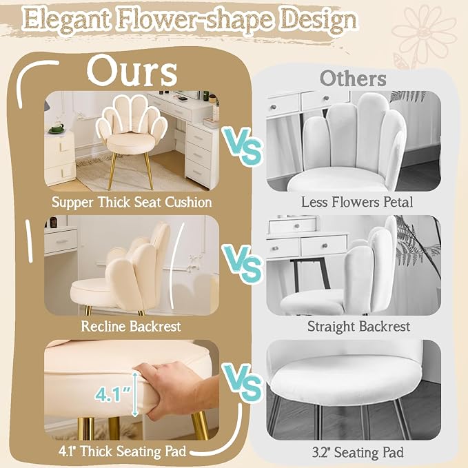 VINGLI Petal Makeup Vanity Chair with Back,Flower Cute Girls Desk Chair Comfy No Wheels,Modern Dining Chair,Small Accent Chair with Adustable Gold Legs&Bow Pillow for Home Office,Bedroom,Velvet,Beige