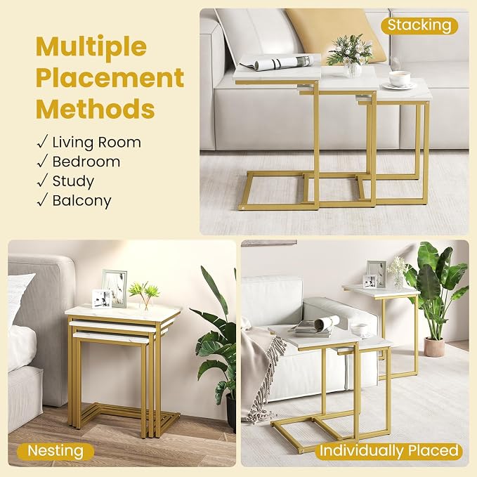 GOFLAME Nesting Coffee Tables Set of 3, Rectangular Nesting Center Table with Faux Marble Top & Metal Frame, Modern C-Shaped Nested Side Table Set for Living Room, Bedroom, Gold & White