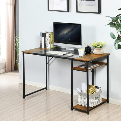 FurnitureR Computer Desk with Shelves for Small Spaces Simple Home Office Desk Study Writing Office Table Laptop PC Writing Desks (Brown, 47.2 Inch)