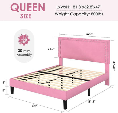 VECELO Queen Size Platform Bed Frame with Height Adjustable Upholstered Headboard, Modern Mattress Foundation,Strong Wood Slat Support, No Box Spring Needed, Easy Assembly,Pink