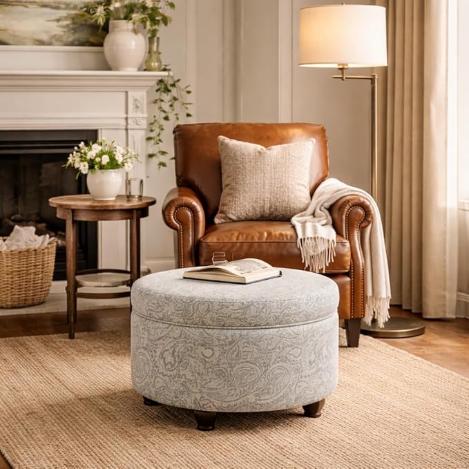 Homepop Home Decor | Upholstered Round Storage Ottoman | Ottoman with Storage for Living Room & Bedroom, Gray Floral