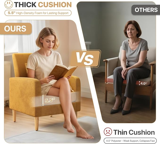 Magshion Accent Chair for Living Room, Comfy Mid-Century Reading Chair for Bedroom, Upholstered Linen Fabric Armchair Single Sofa with Back Pillow & Wood Legs, 300 lbs Capacity, Yellow