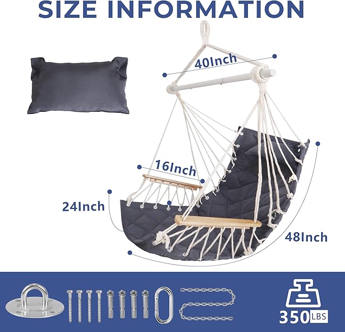 Hammock Chair Hanging Swing with Wooden Armrest;Steel Spreader Bar,Pillows,Hardware kit Included;Cotton Woven Fabric;Up to 350 Lbs,for Indoor or Outdoor