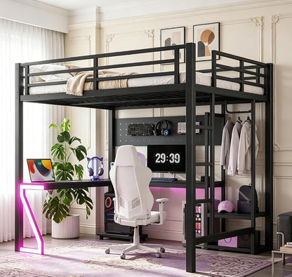 Bellemave Full Size Loft Bed with Desk and USB Ports, Computer Tray, Peg Board LED, Metal Full Loft Bed Frame for Adults, Kids, Teens, Black