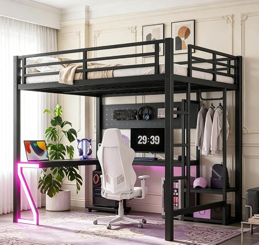 Bellemave Full Size Loft Bed with Desk and USB Ports, Computer Tray, Peg Board LED, Metal Full Loft Bed Frame for Adults, Kids, Teens, Black