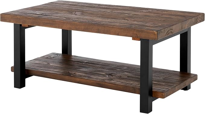 Pomona 42-Inch Rectangular Solid Wood Coffee Table with Storage Shelf & Metal Legs – Rustic Industrial Farmhouse Living Room Table by Alaterre Furniture (Rustic Natural)