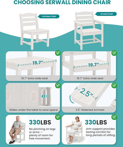SERWALL HDPE Dining Set for 8: 2 Umbrella Hole Tables + 8 Chairs. for Garden, Backyard, Poolside. White