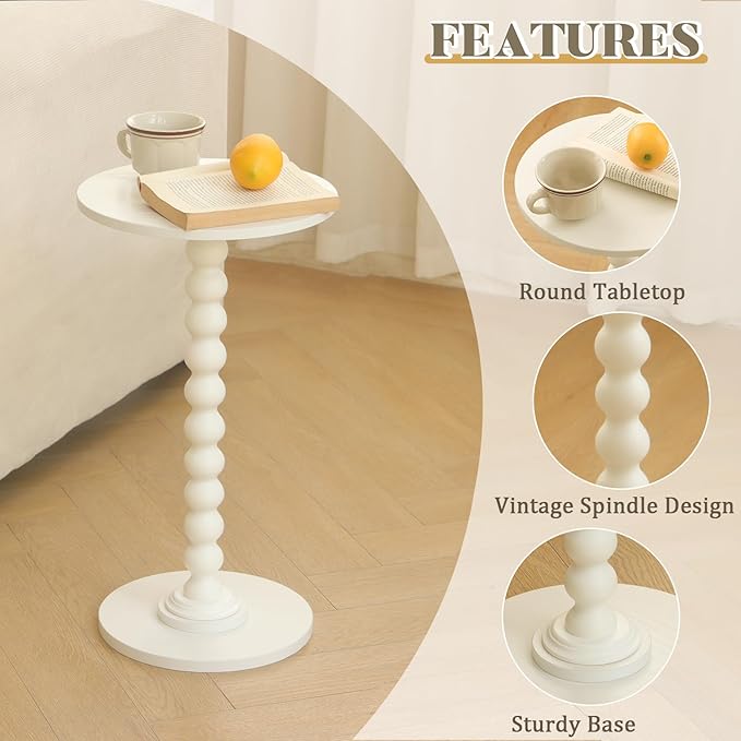 Fultyle Round Side Table, Small Drink Table for Small Spaces, Modern Accent End Table Nightstand with Solid Wood Leg for Living Room, Bedroom, Corners, and Office (White)