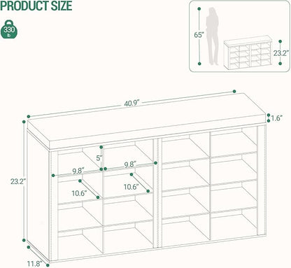 Hzuaneri Shoe Bench with Cushion, Entryway Storage Bench with 16 Cubbies, Cubby Shoe Rack with Adjustable Shelves, Shoe Organizer Cabinet for Living Room, Bedroom, Entryway, White SB25603GY