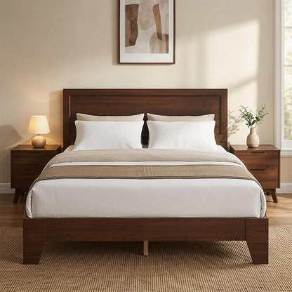 KOMFOTT Queen Size Bed Frame, Mid-Century Modern Platform Bed with Headboard, Wooden Slat Support Mattress Foundation, Under-Bed Storage Space, No Box Spring Needed (Walnut,Queen)