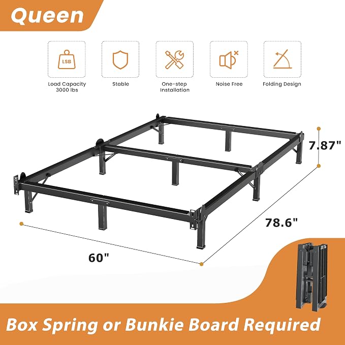MAF Metal Bed Frame Queen 8 Inches, 9-Legs Support Bed Base, Queen Bed Frame for Box Spring and Mattress, Basics Bed Frame Headboard Attachable Tool-Free Easy Assembly, Black