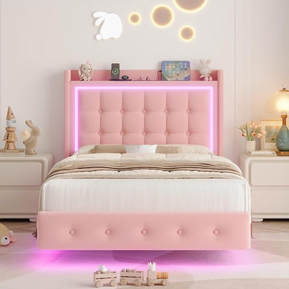 Keyluv Twin Floating Bed Frame with Storage Headboard, LED Lights & Charging Station Platform Bed, Soft Upholstered Velvet, USB/Type-C Ports, Easy Assembly, Pink
