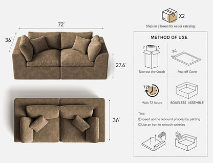 Loveseat Sofa | 72 Inch Modern Boneless Couch for Small Spaces | 2 Seater Small Sofa for Apartment Bedroom Living Room | Brown Love Seat