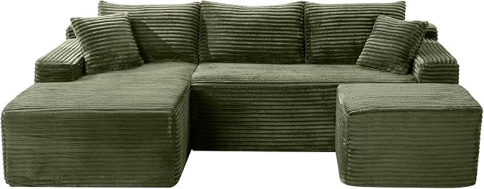 95-Inch U-Shaped Left Facing Corner Compressed Sofa Modular Sectional Boneless Cloud Sofa Floor Foam Couch W/Chaise Lounge & Ottoman, Corduroy Corner Boneless Cloud Couch