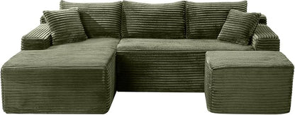95-Inch U-Shaped Left Facing Corner Compressed Sofa Modular Sectional Boneless Cloud Sofa Floor Foam Couch W/Chaise Lounge & Ottoman, Corduroy Corner Boneless Cloud Couch