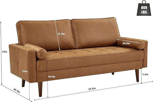 HIFIT 58" Loveseat Sofa Couch, Mid Century Modern Faux Leather Couch with Hand-Sewn Deep Love Seat & 2Pillows, Home Sofa Living Room Small Couches for Small Space,Bedroom,Office,Solid Wood Frame,Brown