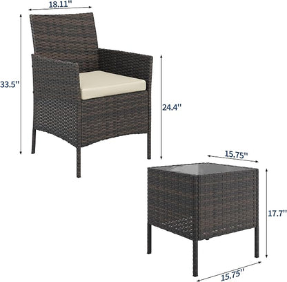 GAOMON 3-Piece Patio Furniture Set, Modern PE Rattan Conversation Set with 2 Chairs & Tempered Glass Coffee Table, All-Weather Outdoor Seating for Garden, Porch, Balcony, Poolside, Brown/Cream