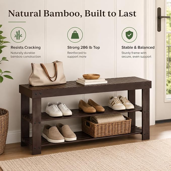 Shoe Rack Bench, 3-Tier Shoe Storage Organizer for Entryway , Shoe Shelf for Small Spaces, Multi-Functional Side Table Plant Stand, Shoe Stand for Bedroom, Living Room, Closet, Front Door, Brown