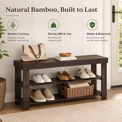 Shoe Rack Bench, 3-Tier Shoe Storage Organizer for Entryway , Shoe Shelf for Small Spaces, Multi-Functional Side Table Plant Stand, Shoe Stand for Bedroom, Living Room, Closet, Front Door, Brown