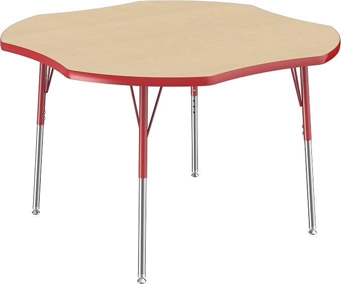 FDP Clover Activity School and Office Table (48 x 48 inch), Standard Legs with Swivel Glides for Collaborative Seating Environments, Adjustable Height 19-30 inches - Maple Top and Red Edge