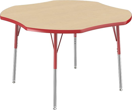 FDP Clover Activity School and Office Table (48 x 48 inch), Standard Legs with Swivel Glides for Collaborative Seating Environments, Adjustable Height 19-30 inches - Maple Top and Red Edge