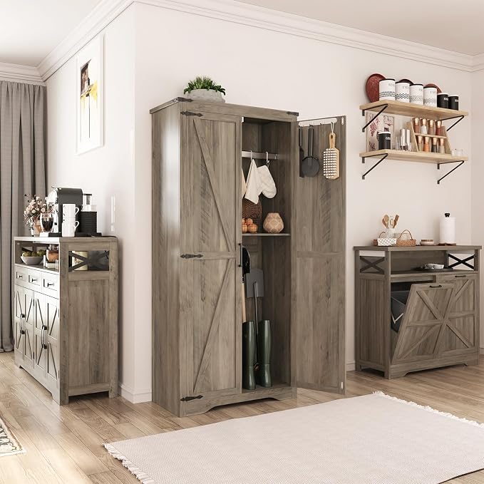 Befrases Set of 2 Farmhouse Rustic Grey Storage Cabinet with Adjustable Shelves, Large Pantry Organize with 2 Barn Doors, Tall Freestanding Cabinet for Kitchen, Bathroom, Garage, Living, Utility Room