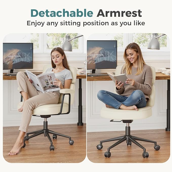 OLIXIS Ergonomic Home Office Desk Chair, PU Leather Computer Chair with Lumbar Support Adjustable Height Rolling Swivel Executive Task Armrests, Off-White