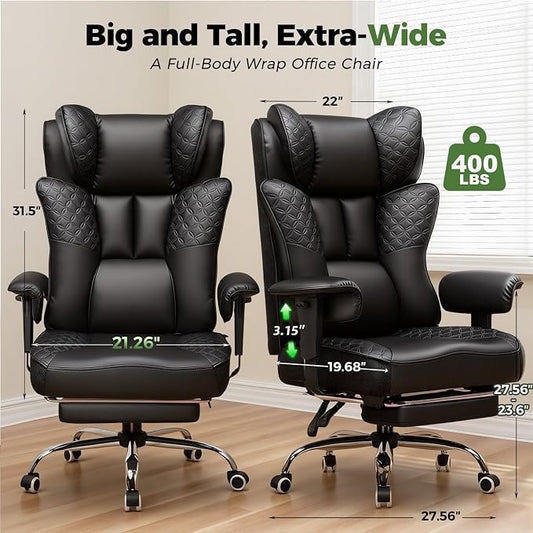 GTPLAYER Big and Tall Office Chair Wide Ergonomic Gaming Chair with Deluxe Embossing Designed Leather with Foot Rest,150°Reclining Adjustable Soft Armrests Pocket Spring Back Support and Pillow
