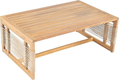 VilroCaz 5-Piece Patio Conversation Set, All Weather Sectional Sofa Set w/ 3 Seater Sofa, 2 Chairs and 2 Coffee Tables, Acacia Wood Outdoor Furniture Set with Woven Rope Accents and Cushions